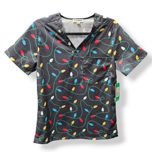 3/$25 NEW Tipsy Elves Christmas Holiday Lights Scrub Top with Pickets size Small